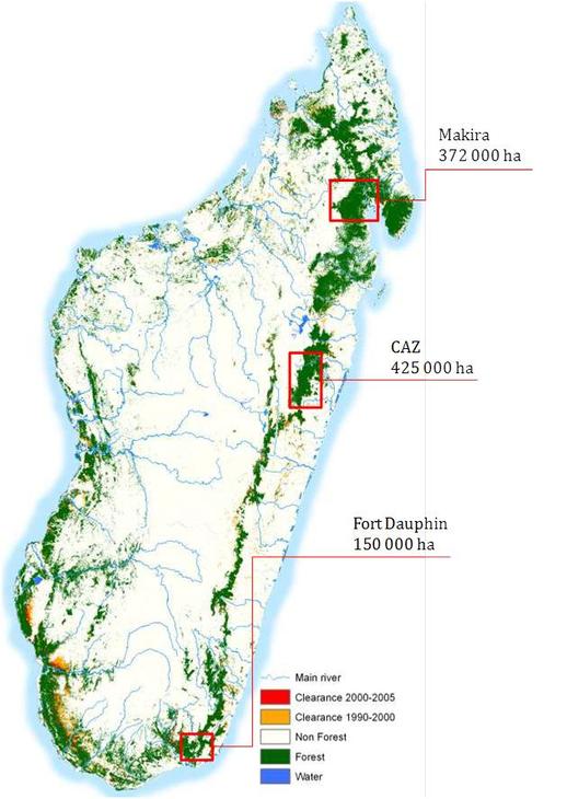 Madagascar forest cover and project sites.